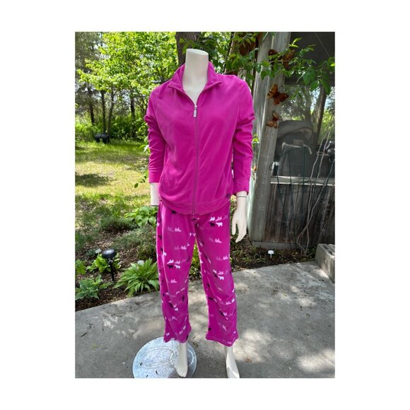 Jasmine Rose Intimates Micro Fleece Pajama Set Top Pants Hot Pink Bears Zip Sz M - Picture 1 of 12